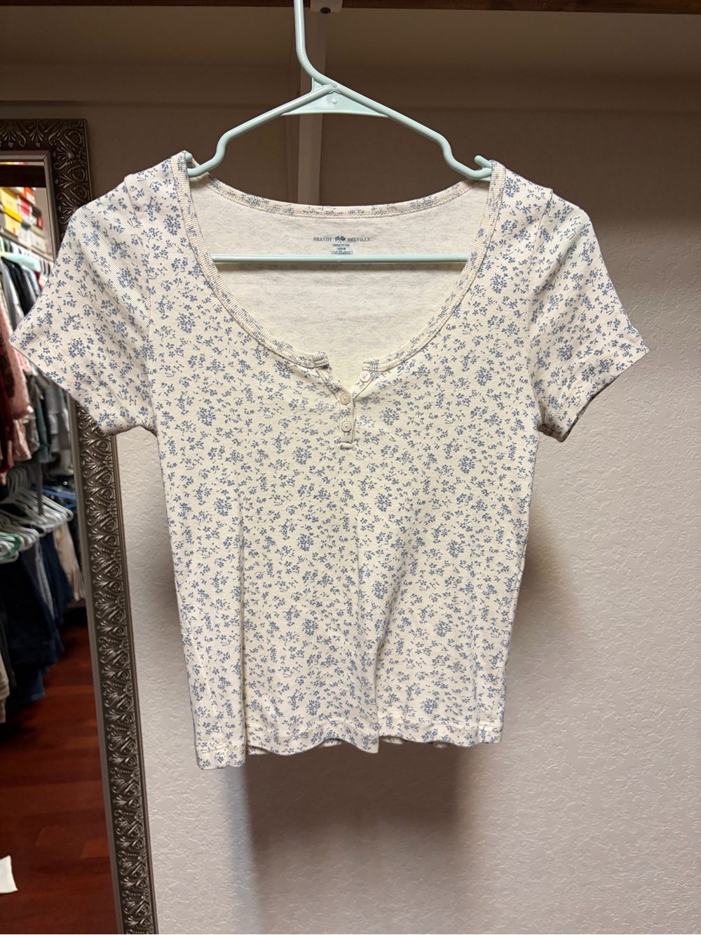 Brandy Melville Cream Short Sleeve Scoop Henley with Light Blue Floral